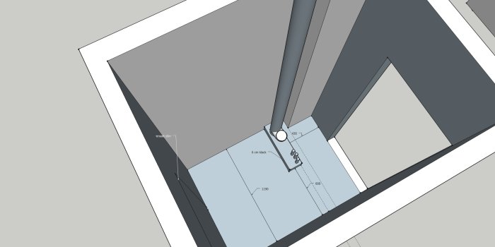 3D-skiss av ett badrum i en lägenhet med mått och planerad position för dörr och rörledningar.