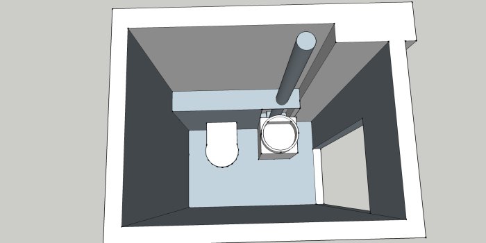 3D-skiss av ett mindre badrum med toalettstol och planerad placering av handfat och nya rörinstallationer.