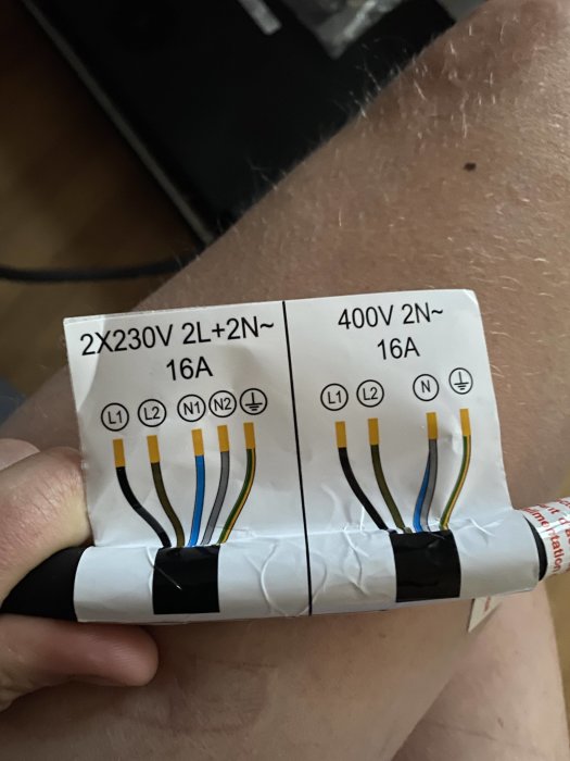 Elanslutningsschema för induktionshäll som visar 2x230V och 400V kabelfärgskodning.