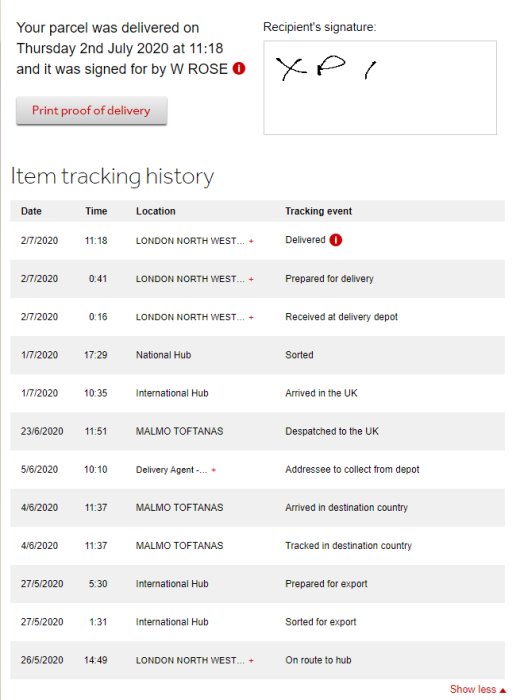 Skärmbild av paketspårningsinformation som visar leverans i London och mottagarens signatur.