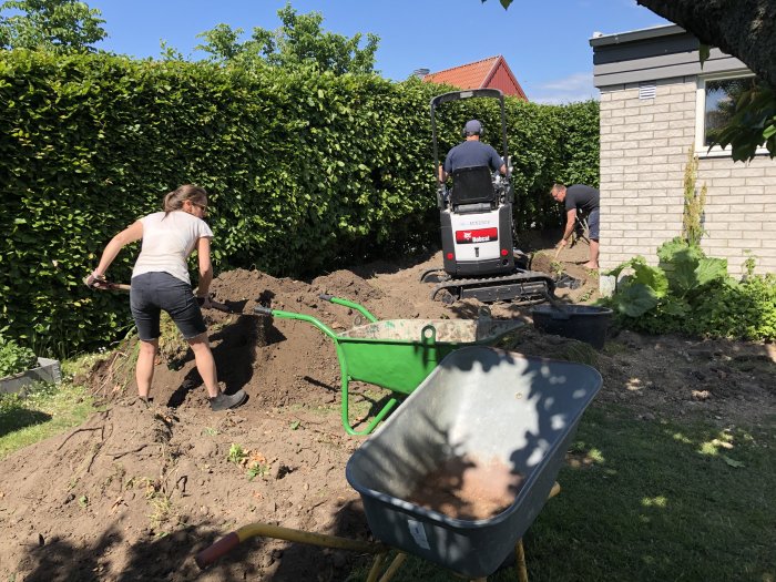 Personer arbetar på en trädgård; gräver och transporterar jord, nära grönsaksland och skjul.