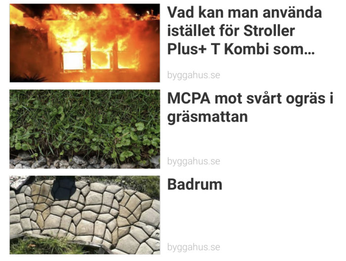 Hierarki av tre bilder: övertänd byggnad, ogräs i gräsmatta, stenläggning i form av bågad bro.