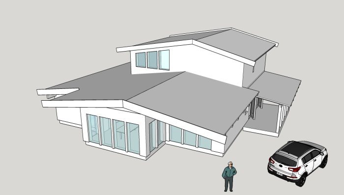 3D-rendering av ett modernt tvåvåningshus med märkta balkar för byggkonstruktionsdiskussion.