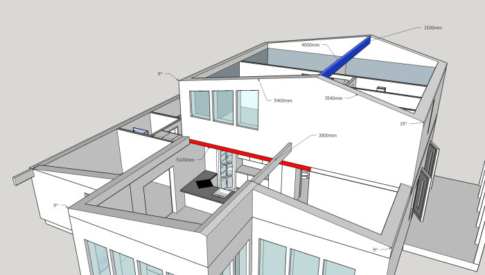 3D-modell av hus i skissform med måttangivelser och en röd markerad balk som ska bära en yttervägg.