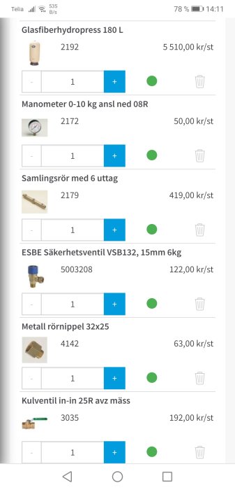 Skärmdump av en onlinebeställningslista med VVS-artiklar inklusive glasfiberhydrofor, manometer och ventiler med priser.