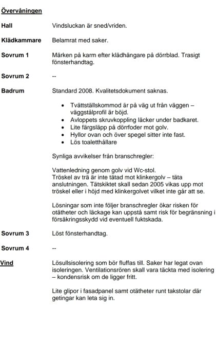 Besiktningsprotokoll för ett radhus uppvisande punktlista med brister och avvikelser i övervåningen inklusive hall, badrum och sovrum.