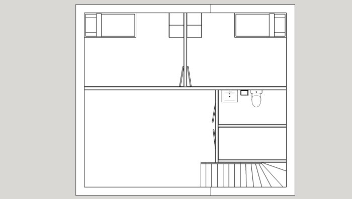 Planskiss av ett hus med föräldrasovrum, toalett, matsalsplats, soffgrupp, altandörr och central köksposition.