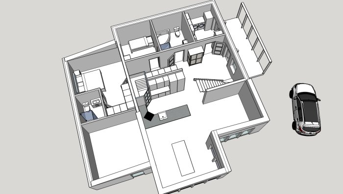 3D-design av husplan med markerad röd balk, matsalsbord västerut, soffgrupp sydväst och en bil utanför.