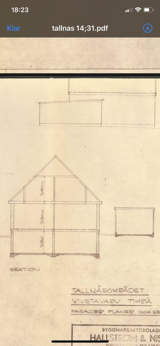 Ritningar som visar sektion och planvy av en huskonstruktion potentiellt relevant för byggdiskussion.