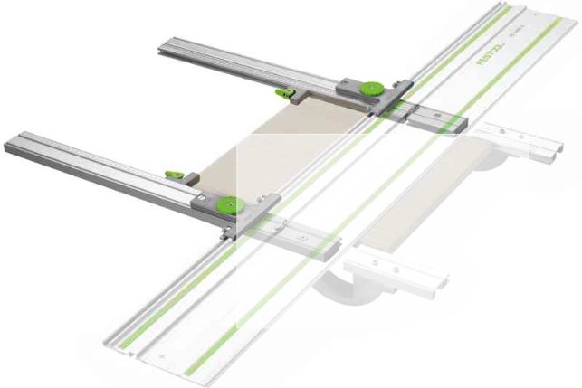 Oanvänt parallellanslag FS-PA från Festool, grått och grönt, för precisionssågning.