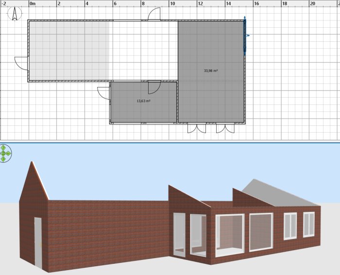 CAD-ritning och 3D-modell av husdesignalternativ 2 med måttangivelser.