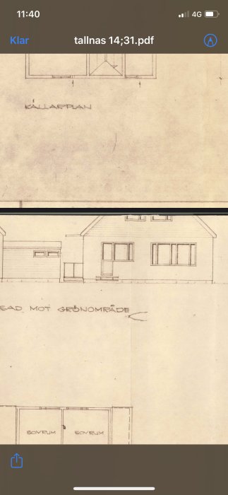 Arkitektritning visar fasad och planlösning för en villa med texten "säd, mot grönområde".