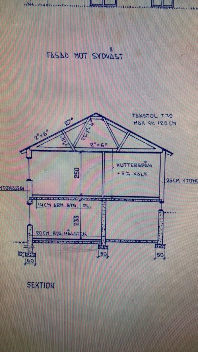 Ritning av hussektion med måttangivelser för tak, väggar och grund.