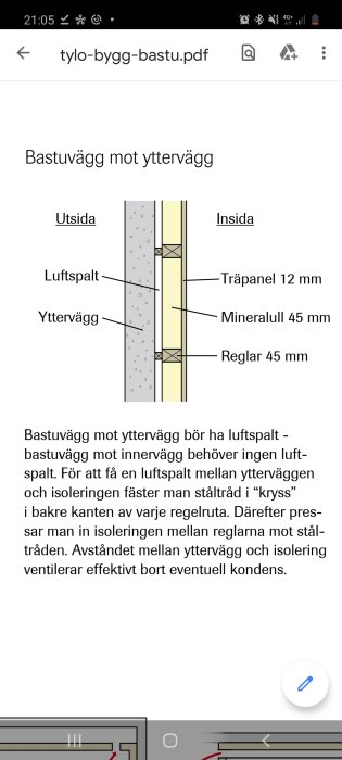 Sektionsskiss av bastuvägg vid yttre vägg med luftspalt, mineralullisolering och träpanel.