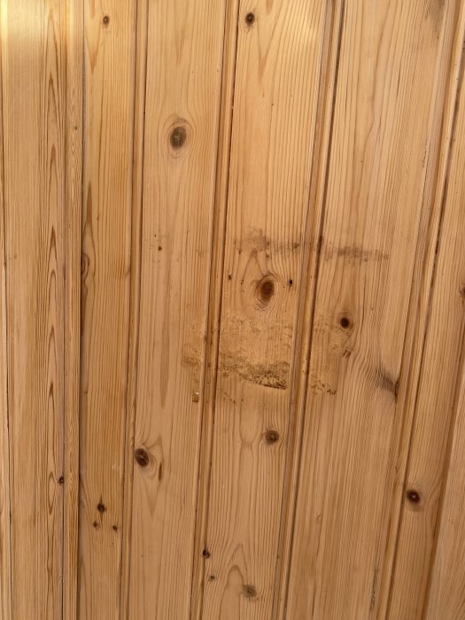 Obehandlad träpanel med kvistar och några fläckar, som diskuteras för målning på forum.