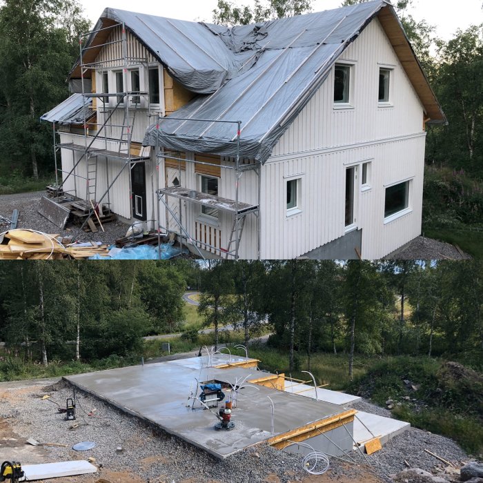 Före-och-efter-bilder på husbyggnad, första med delvis klart hus, andra med grundplatta.