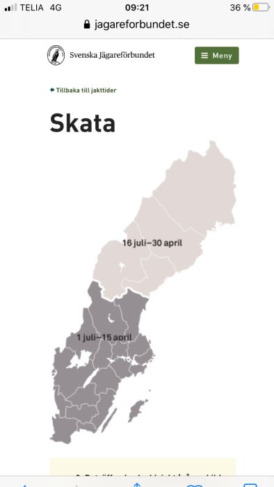 Karta över Sverige som visar olika jakttider för regioner.