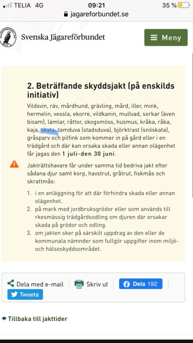 Skärmdump från Svenska Jägareförbundets hemsida om regler för skyddsjakt.