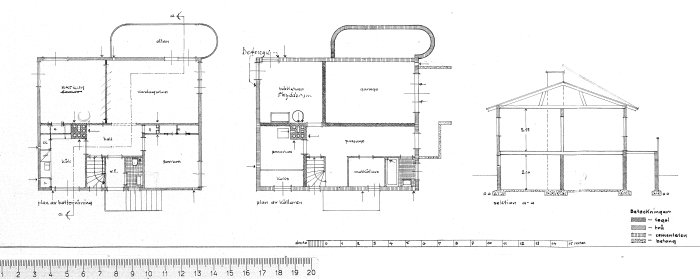Rakennuksen pohjapiirustus ja leikkauskuva, jossa näkyy talon kerrokset, rakenne ja ulokeosa pyöreällä terassilla funkistyylisessä talossa.