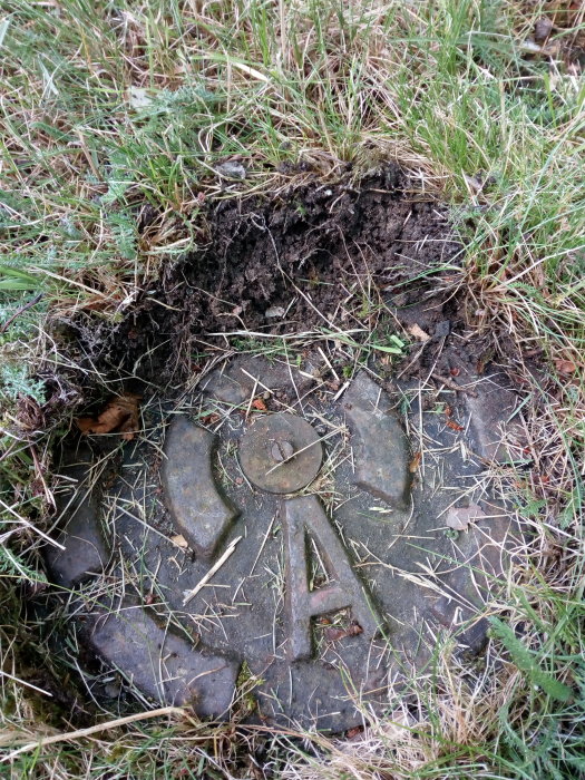 Brunnlock markerat med "A" halvt täckt av gräs och jord, nedsänkt under gräsmattanivå.