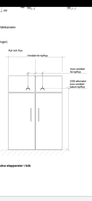 Schematisk ritning av kök med markerade mått för kyl/frys placering och fläktkanal.