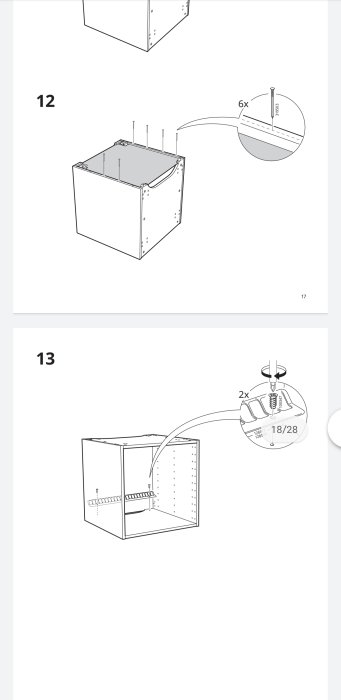 Monteringsinstruktioner för ett skåp, steg 12 med skåpets baksida samt steg 13 med galler och skruvförband.