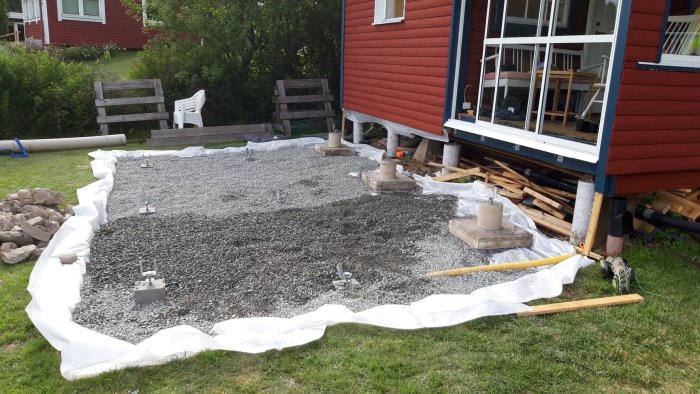 Grundkonstruktion av altan med plintar och grus, intill röd stuga under uppbyggnad.