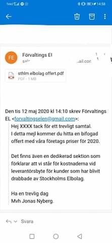 Skärmavbild av en mejlkonversation med elbolaget där en offert bifogas som PDF-fil.