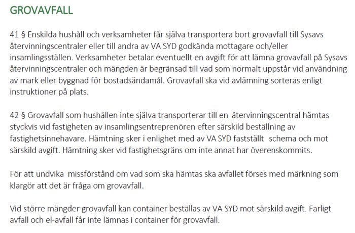 Skärmbild av dokument om avfallshantering, text om regler för grovavfallshantering i Malmö kommun.