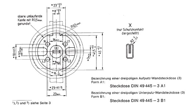 Teknisk ritning av två modeller för vägguttag, DIN 49445, med dimensioner och specifikationer enligt tysk standard.