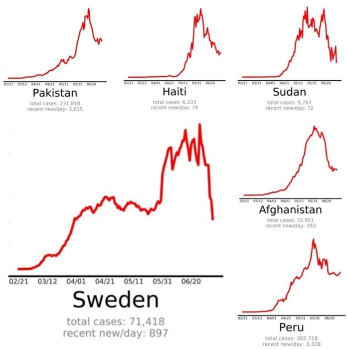Diagram som jämför COVID-19-fall över tid för Pakistan, Haiti, Sudan, Sverige, Afghanistan och Peru.