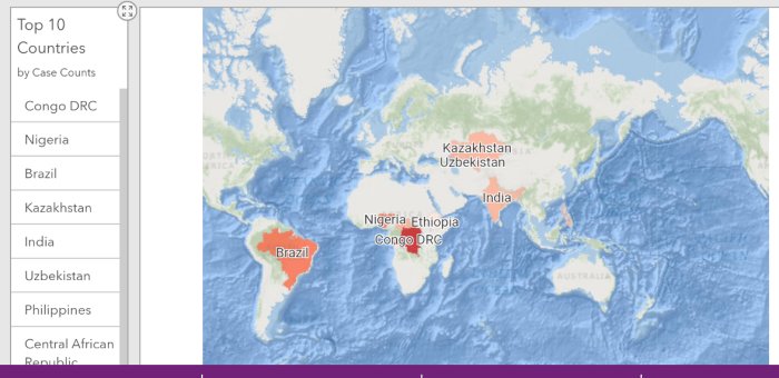 Karta som visar topp 10 länder med flest fall av en sjukdom, markerade områden inkluderar Brasilien och Indien.