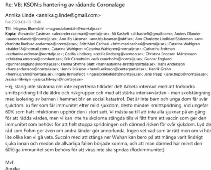 Skärmdump av ett e-postmeddelande som diskuterar Sveriges hantering av COVID-19 och strategin kring flockimmunitet.