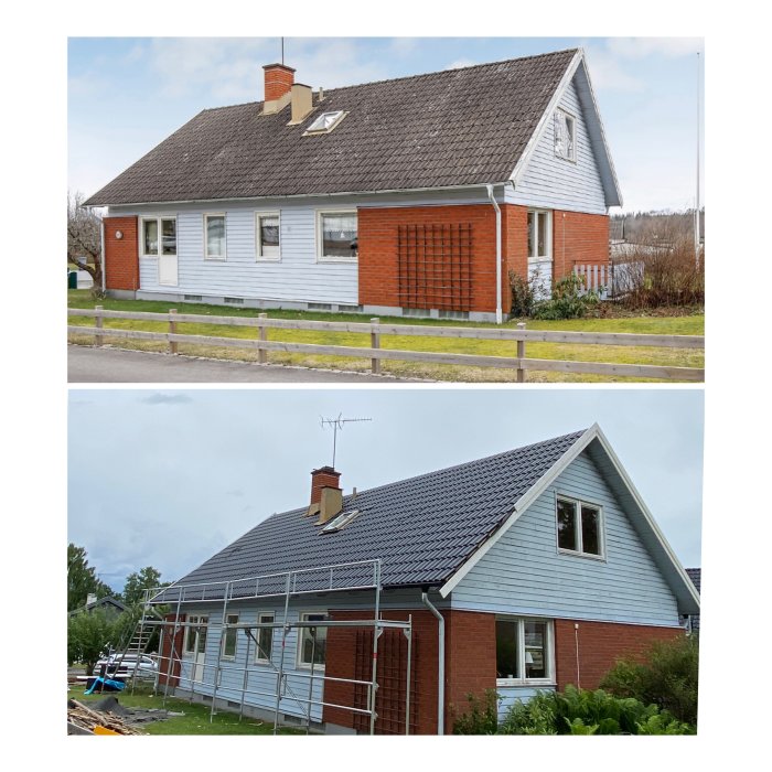 Före och efter bilder av ett hus, det övre med gammalt tak och det undre med nytt tak under installation.