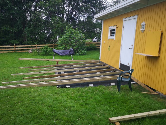 Utomhusarbetet med golvreglar påbörjat bredvid en gul stuga, grön gräsmatta och staket i bakgrunden.