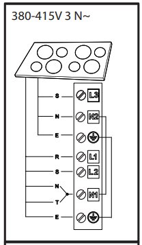 Skiss av elanslutning för spishäll med märkning 380-415V 3 N~ och anslutningsterminaler.