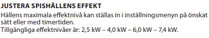 Text som beskriver inställning av spishällens effektnivåer från 2,5 kW till 7,4 kW.