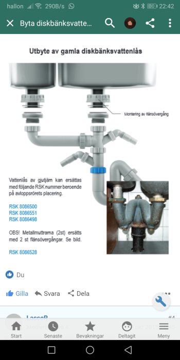 Schematisk illustration av diskbänksvattenlås med RSK-nummer och en bild på ett gammalt, korroderat vattenlås under en diskbänk.