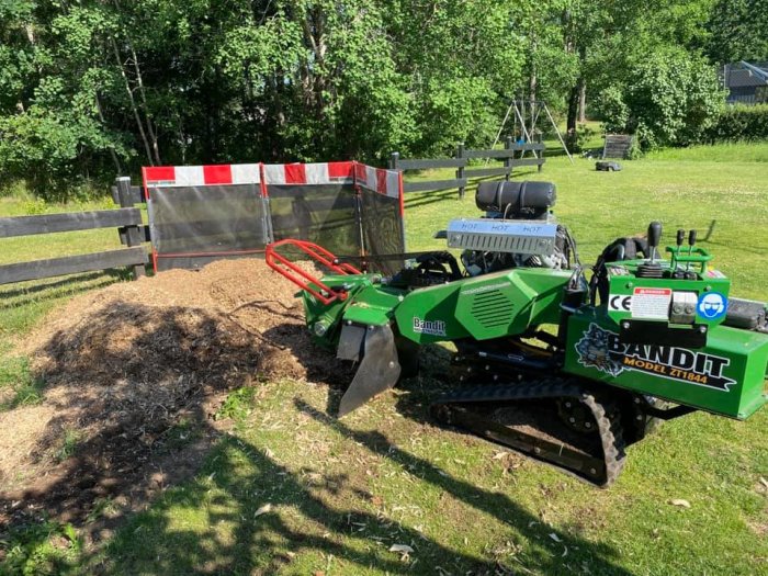 En stubbfräs i arbete för att ta bort en stubbe med en upphögd jordhög bakom och varningsskyltar framför i en trädgård.