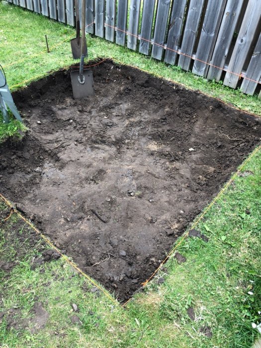 Nygrävd kvadratisk grop i en trädgård markerad med snören, spade står i mitten, problem med vattenavrinning.