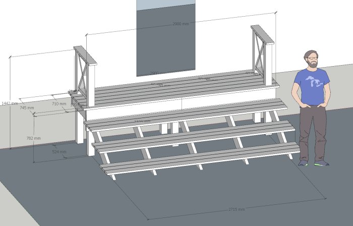 3D-modell av en trätrappa med angivna mått bredvid stående person.