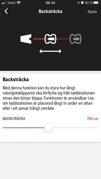 Inställningsskärm för backsträcka med bild på robotgräsklippare och justerbar glidreglage som visar 150 cm.