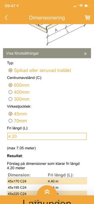 Skärmdump av byggapplikation med dimensioneringsberäkning för träreglar cc60.