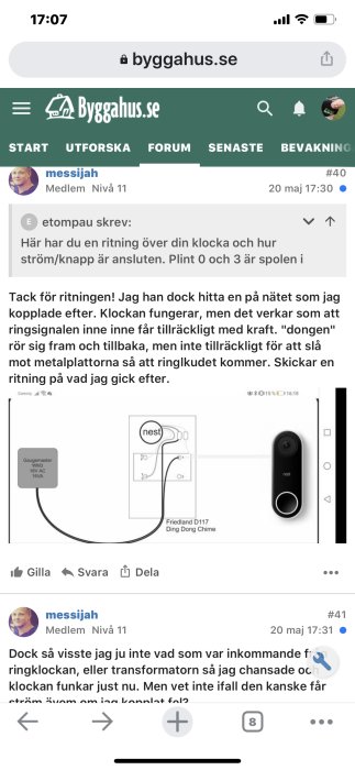 Elektrisk kopplingsschema för en dörrklocka och en Nest dörrklockeknapp.