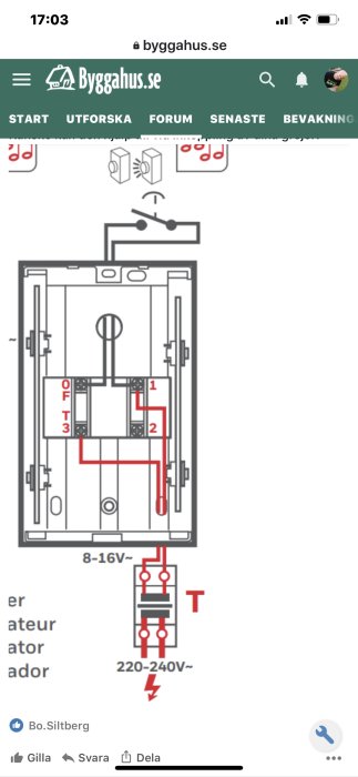 Schematisk ritning av elanslutning för dörrklocka med transformator och kopplingspunkter.