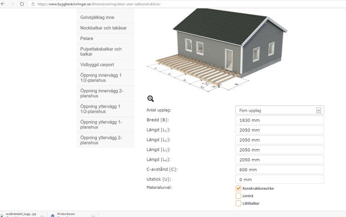 3D-modell av en husfasad med grå väggar och svart tak ovanför en skiss av en träterrass utan tak, bredvid formulär för dimensionering.