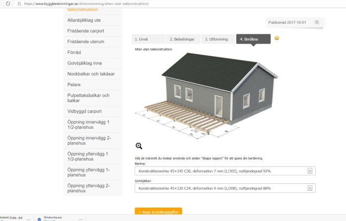 3D-modell av hus utan altantak med synliga grundbalkar, från byggbeskrivningar.se.