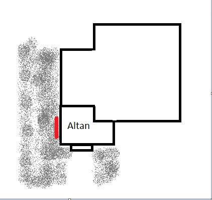 Schema över en altan intill en grusad uppfart med en röd markering för plantering av rosor cirka en meter från huset.