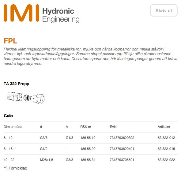 Information om FPL klämringskoppling och TA 322 propp med specifikationstabell från IMI Hydronic Engineering.