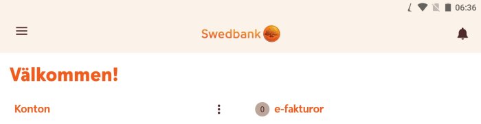 Skärmdump av Swedbanks välkomstsida med menyalternativ och klockslag.